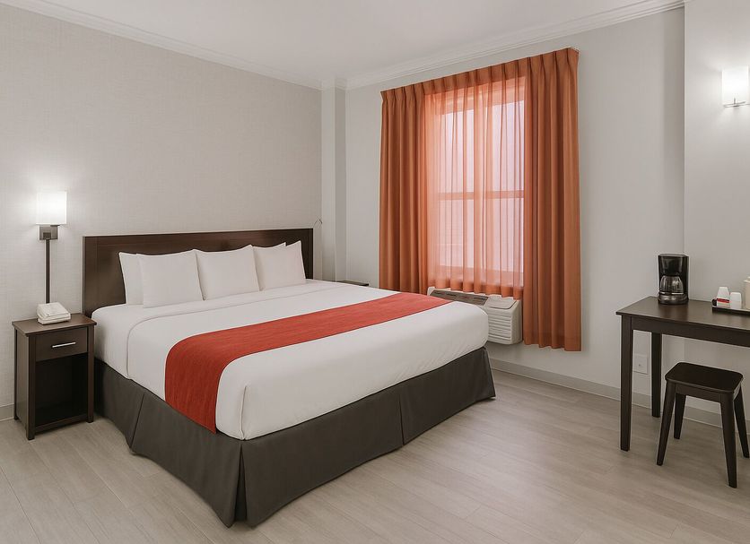 Heritage Hotel New York City room with king bed, orange curtains, and desk in New York