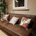 Casa Vacanze Mgf Etna in Nicolosi: brown leather sofa with floral pillows beside a potted plant and window.
