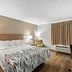 Red Roof Inn Etowah - Athens, TN guest room with king bed, armchair, lamps and large window with curtains