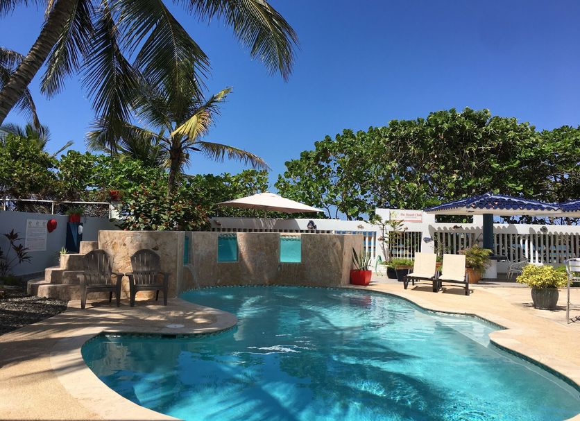 The Beach Guesthouse in La Torre: tropical outdoor pool with lounge chairs and palm trees