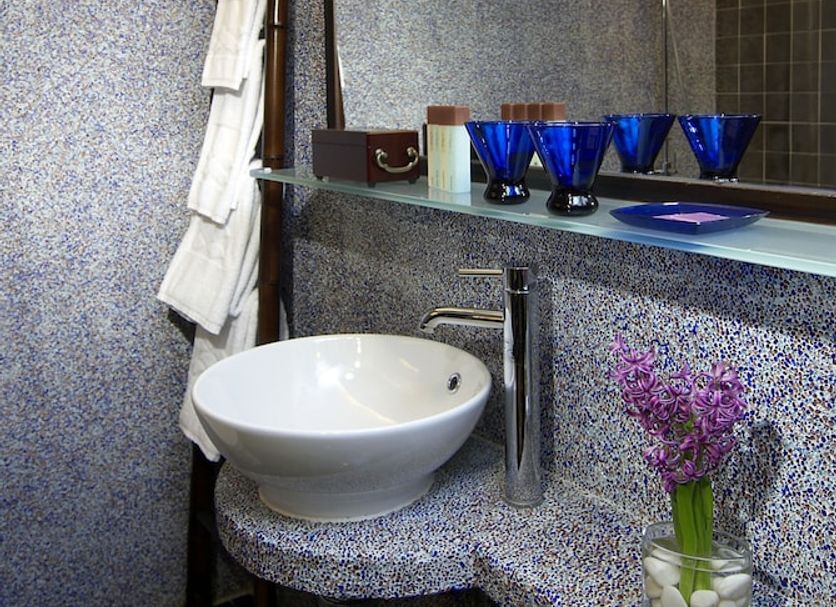 Lan Kwai Fong Hotel - Kau U Fong bathroom with mosaic vanity, round sink and glass shower in Hong Kong