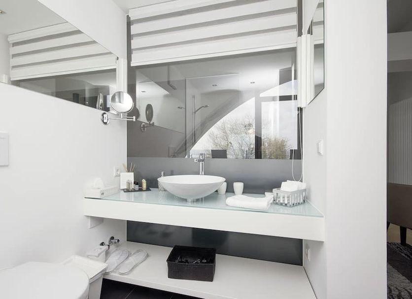 Hotel Seehof in Uhldingen-Mühlhofen bathroom with vessel sink, mirror, and shower