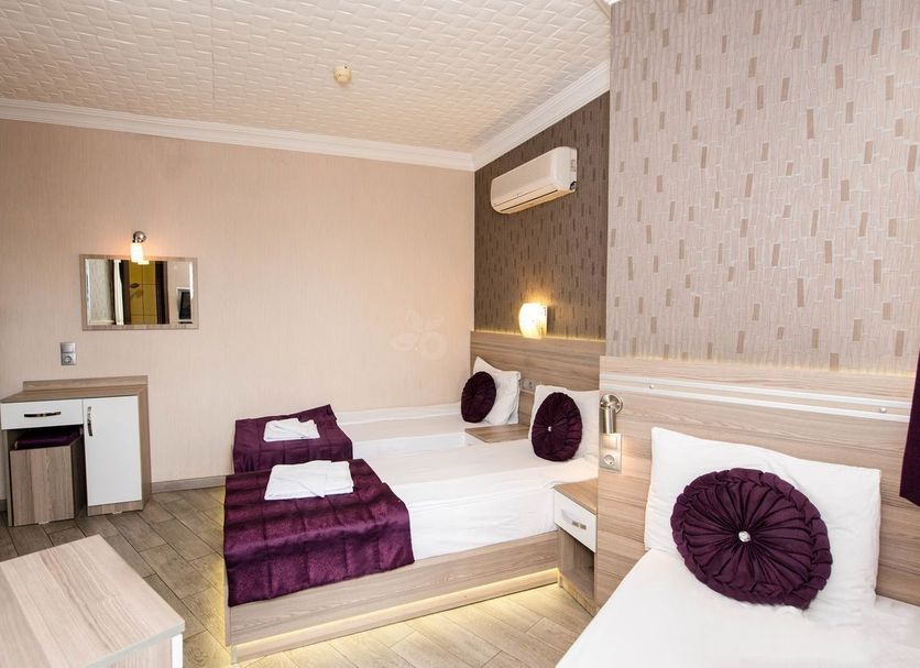 Olimpiyat Hotel Izmir room with two single beds, purple accents, and wall-mounted air conditioner in Izmir