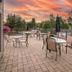 Elkwater Lake Lodge And Resort patio with tables and chairs overlooking trees at sunset in Elkwater