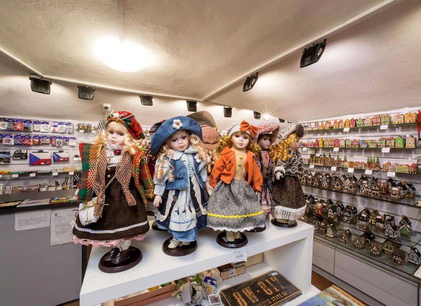 Pension Galko in Český Krumlov with a display of traditional dolls in a gift shop