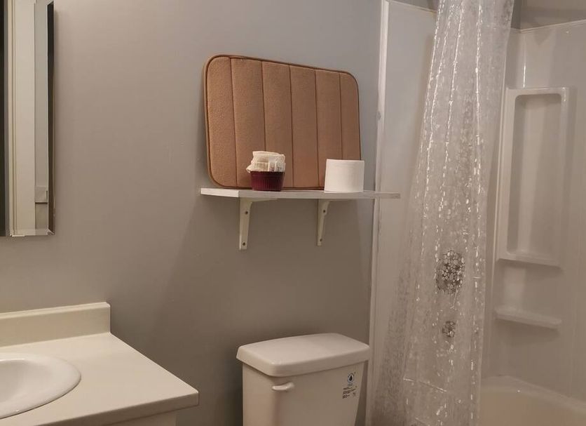 Coquihalla Motel Hope bathroom with shower, toilet, sink and shelf