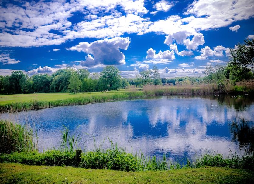 Palac Krobielowice in Kąty Wrocławskie with a tranquil pond reflecting clouds and lush greenery