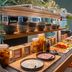 Trafo Hotel Baden in Baden buffet with bowls, jars, salads and hanging pendant lights