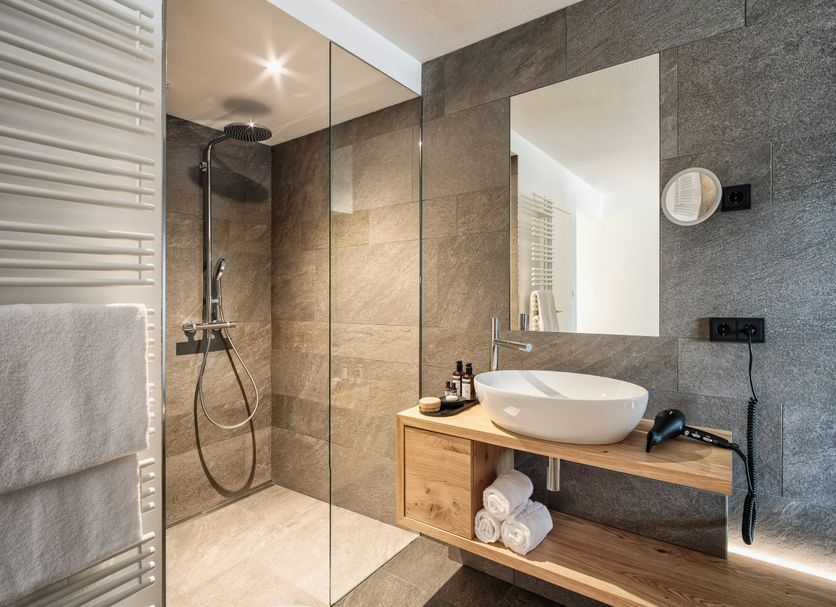 Romantik Hotel Hirschen in Parsberg bathroom with walk-in shower, vessel sink and wood vanity
