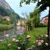 Hotel Calvi-Ristorante Mainor in Vittorio Veneto with canal, garden roses, and mountain backdrop