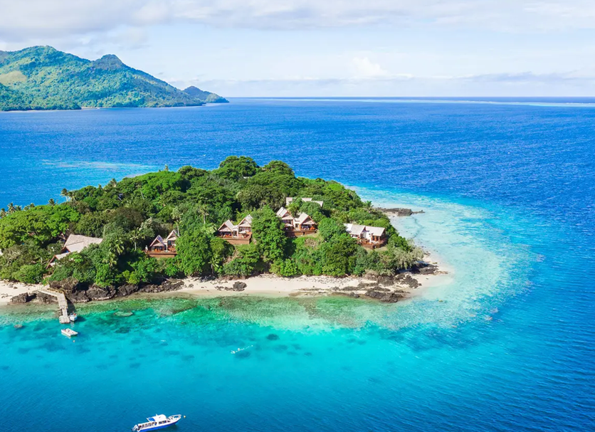 Royal Davui Island on Beqa Island, a tropical private island surrounded by turquoise lagoon and blue sea