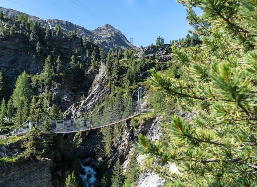 Parkhotel Zur Linde, Silandro, with mountain gorge suspension bridge and pine trees