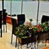 Hotel Casa Lamay Bogotá dining area with black chairs and glass tables beside a planter of flowers