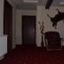 Magic Club Bușteni hallway with red carpet, armchair, vase decor and bull wall art