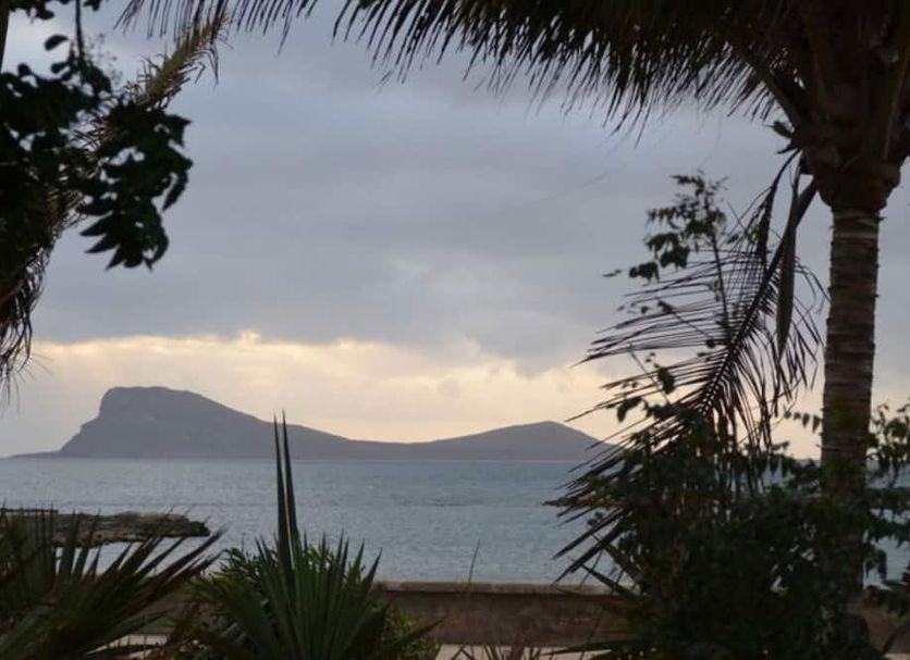 Murdeira Village Resort, Espargos, with palm-framed ocean view and distant island at sunset