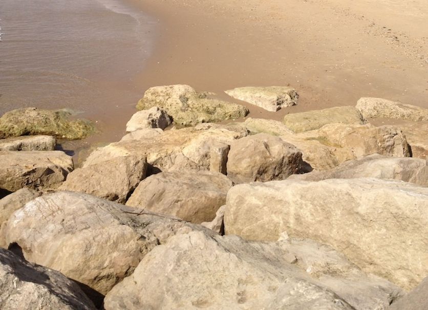 Grovefield Manor in Poole with a sandy beach, rocky shoreline, and hillside buildings beyond