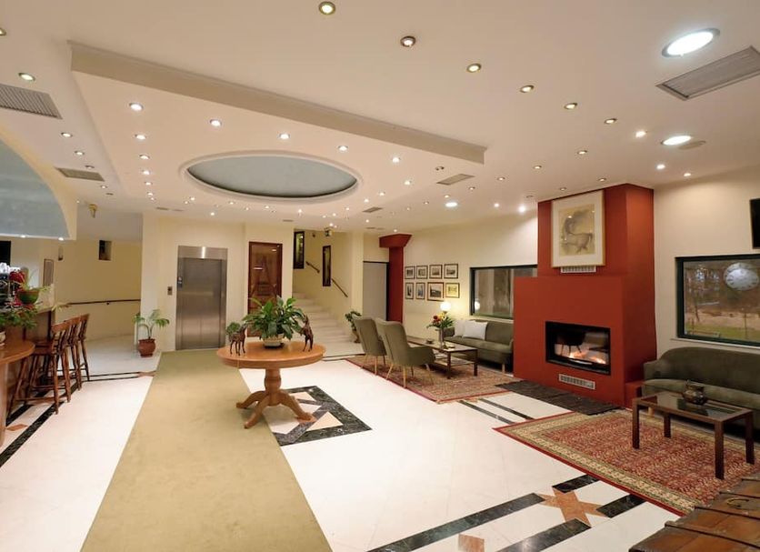 Agriani Hotel in Xánthi lobby with seating area, staircase, fireplace, and elevator