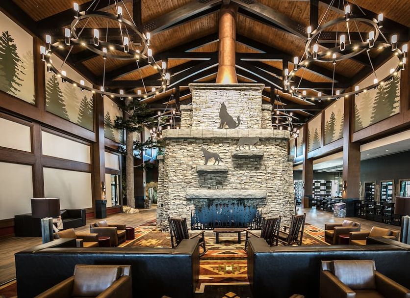 Great Wolf Lodge Georgia in La Grange lobby with stone fireplace, wolf decor and seating area