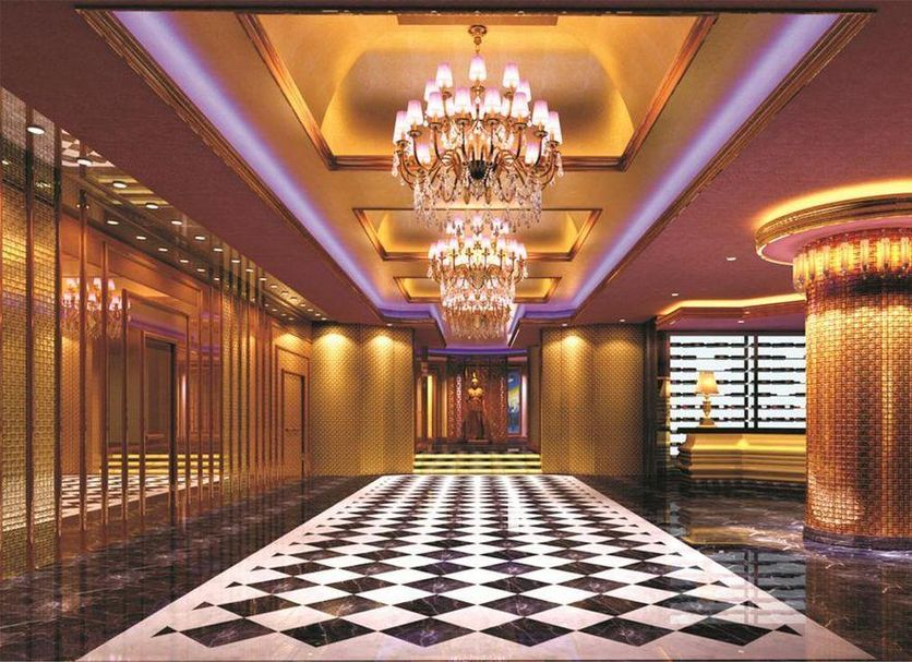 Yangling International Conference & Exhibition Center Hotel lobby in Xianyang with chandeliers and checkered floor