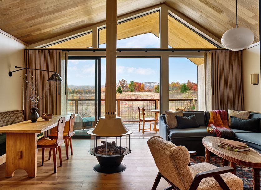 Wildflower Farms, Auberge Collection in Gardiner: modern cabin with fireplace, lofted ceiling and forest view