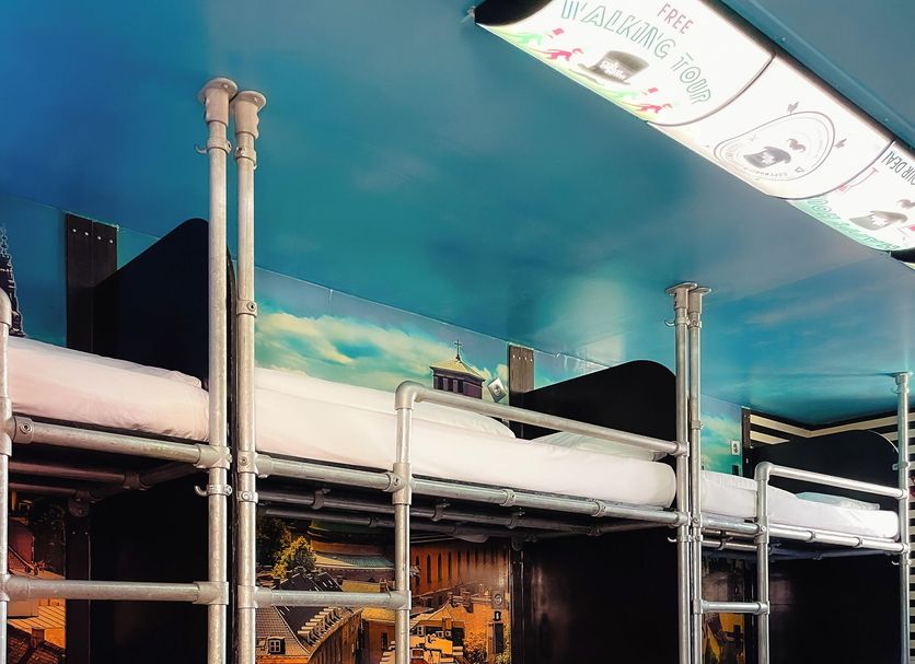 Copenhagen Downtown Hostel in Copenhagen with stacked bunk beds and a painted sky ceiling in a shared dorm room
