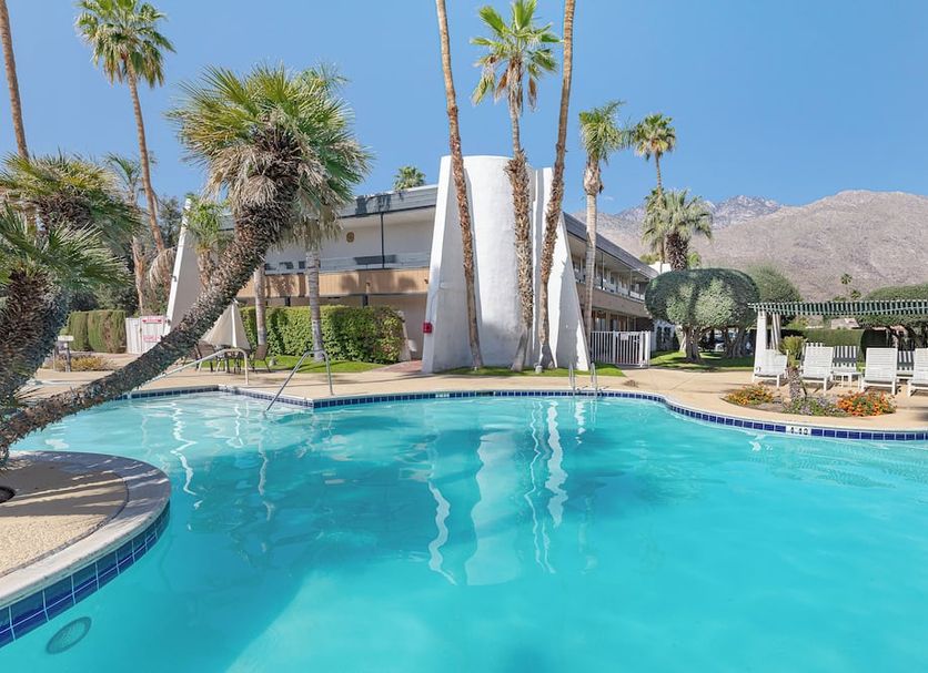 Travelodge By Wyndham Palm Springs pool with palm trees and mountain views in Palm Springs