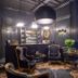 Château De Noirieux in Briollay, elegant dark lounge with velvet chairs, bar shelves and pendant light
