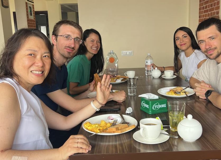 Guests dining together at The Sparkling Turtle Backpackers Hostel in Kathmandu