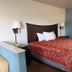The Magnolia Hotel Searcy room with king bed, red patterned bedspread, lamps and adjoining bathroom doorway