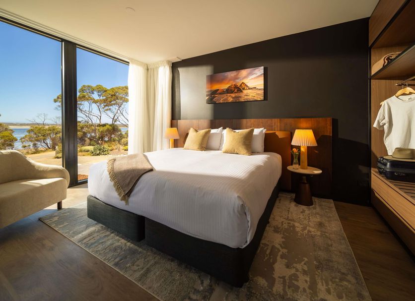 Mercure Kangaroo Island Lodge room in Kingscote with large window and water view
