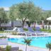 Thassos Olivia Resort in Potos with a turquoise outdoor pool, sun loungers, and umbrella-shaded seating