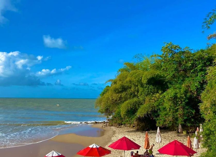 Beach Hotel Jacuma in João Pessoa with oceanfront beach, blue sky, and red umbrellas