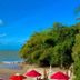Beach Hotel Jacuma in João Pessoa with oceanfront beach, blue sky, and red umbrellas
