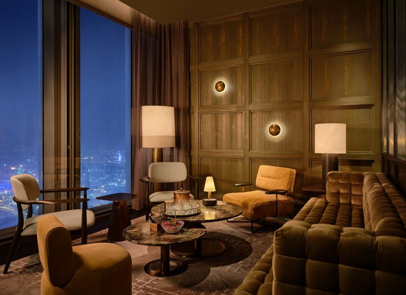 Rosewood Guangzhou lounge with floor-to-ceiling city views and plush seating in Guangzhou