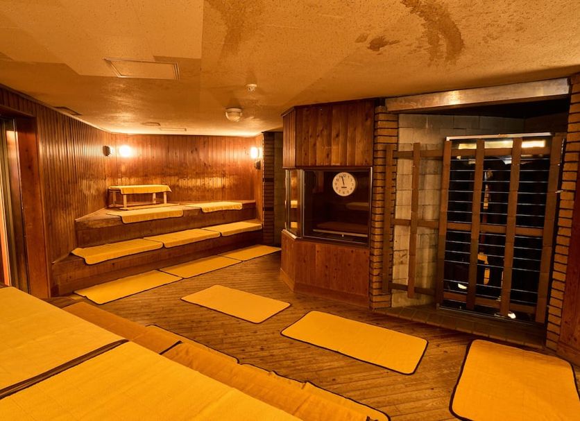 Miyazaki Daiichi Hotel in Miyazaki: wood-paneled sauna room with tiered benches, floor mats, and glass door