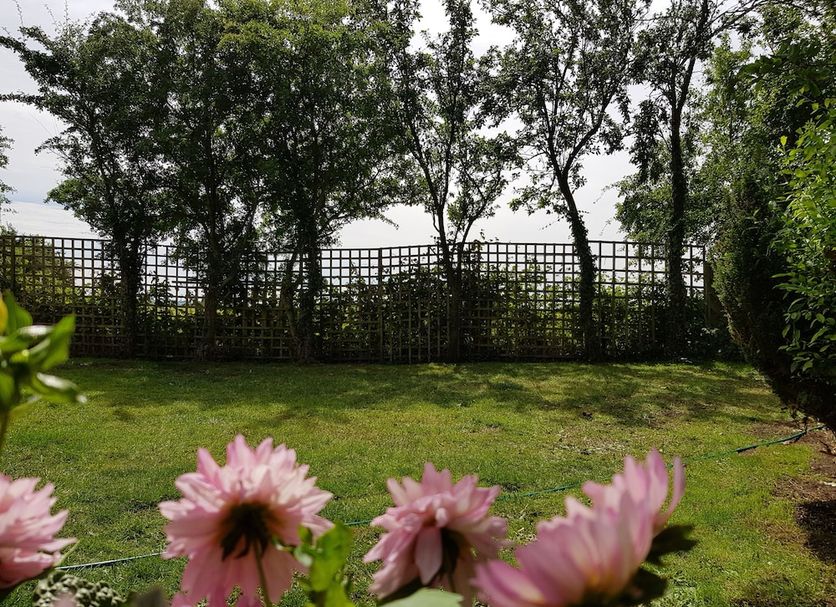 The Schoolhouse Hotel in Swindon with a grassy garden, trees, and pink flowers in the foreground.