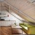 Piano Apartments in Kaunas attic suite with sloped ceiling, kitchenette, and green sofa