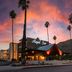 Royal Sun Palm Springs hotel exterior at sunset with tall palm trees and mountain backdrop
