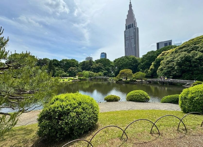 Hotel Listel Shinjuku in Tokyo with a park pond, lush greenery, and city skyline view