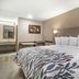 Red Roof Inn Greenville room with king bed, desk, wall sconces and vanity