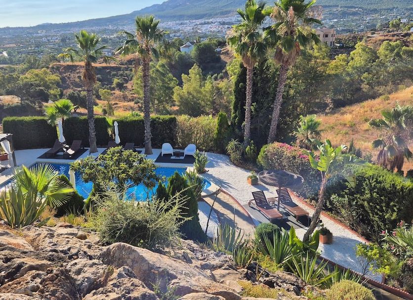 Casa Don Carlos in Alhaurín el Grande with outdoor pool, loungers and palm trees overlooking hills