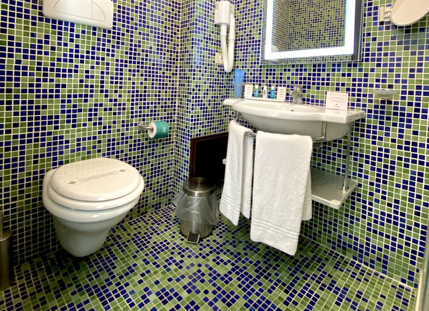 Residenza il Barone, Tropea: mosaic-tiled bathroom with wall-mounted toilet, sink, mirror, and shower hose