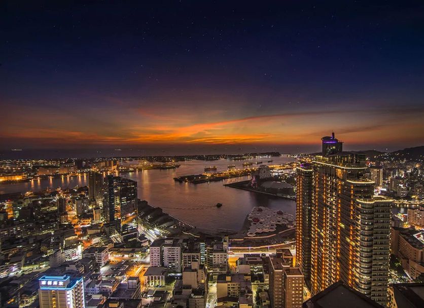 Grand Hi Lai Hotel in Kaohsiung City with sunset harbor and city skyline views