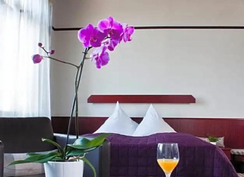 Hotel Neuer Karlshof in Baden-Baden guest room with purple bedspread, orchid, sofa and breakfast table