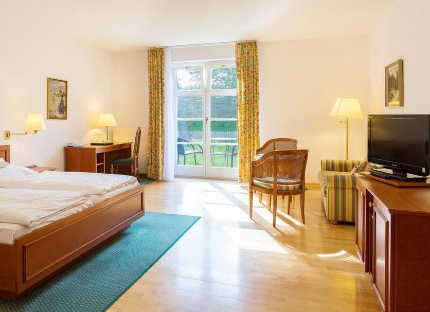 Churfuerstliche Waldschaenke guest room in Moritzburg with bed, desk, TV, and French doors to greenery