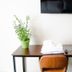 The Marquette Hotel in Madison guest room with desk, folded towels, potted plant and wall-mounted TV