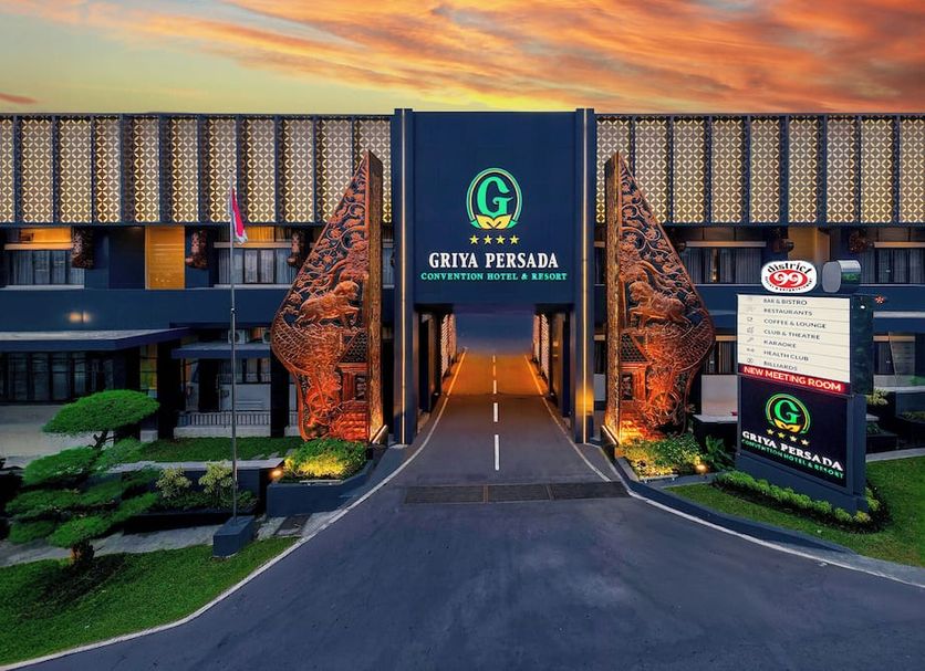 Griya Persada Convention Hotel & Resort Kaliurang entrance in Pakem at sunset with landscaped driveway