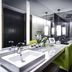 Sofitel Dubai Downtown bathroom with double sink vanity, lime-green chair, freestanding tub and city view