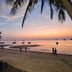 Seashell Resort Hostel Koh Tao beach sunset with palm trees, people walking, and boats offshore
