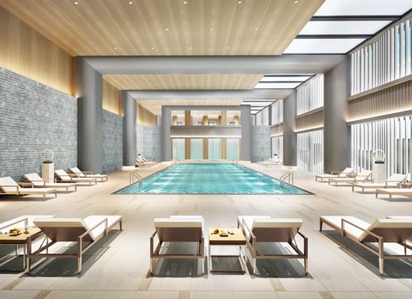 Cordis, Beijing Capital Airport indoor pool with lounge chairs and skylight in Beijing